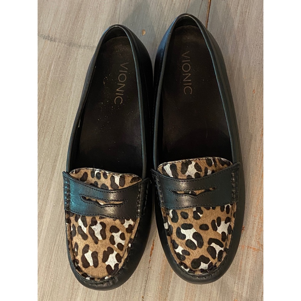 Vionic Piper Womens Black Leather Leopard Calf Hair Penny Loafers 356PIPER‎ 7.5